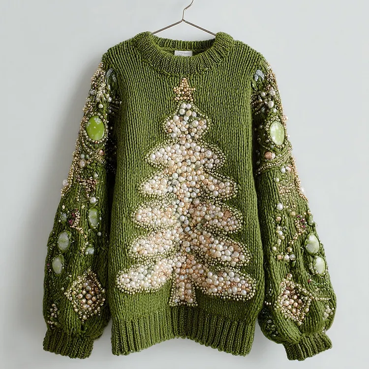Vintage Christmas Tree Beaded Cozy Knit Sweater