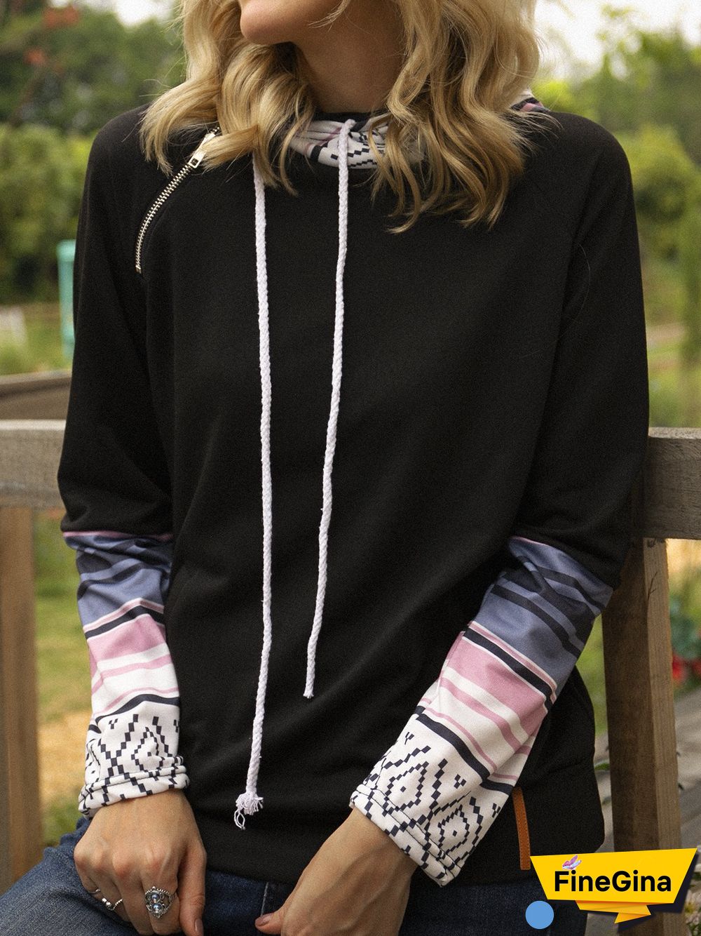 Black Long Sleeve Floral-Print Boho Sweatshirts