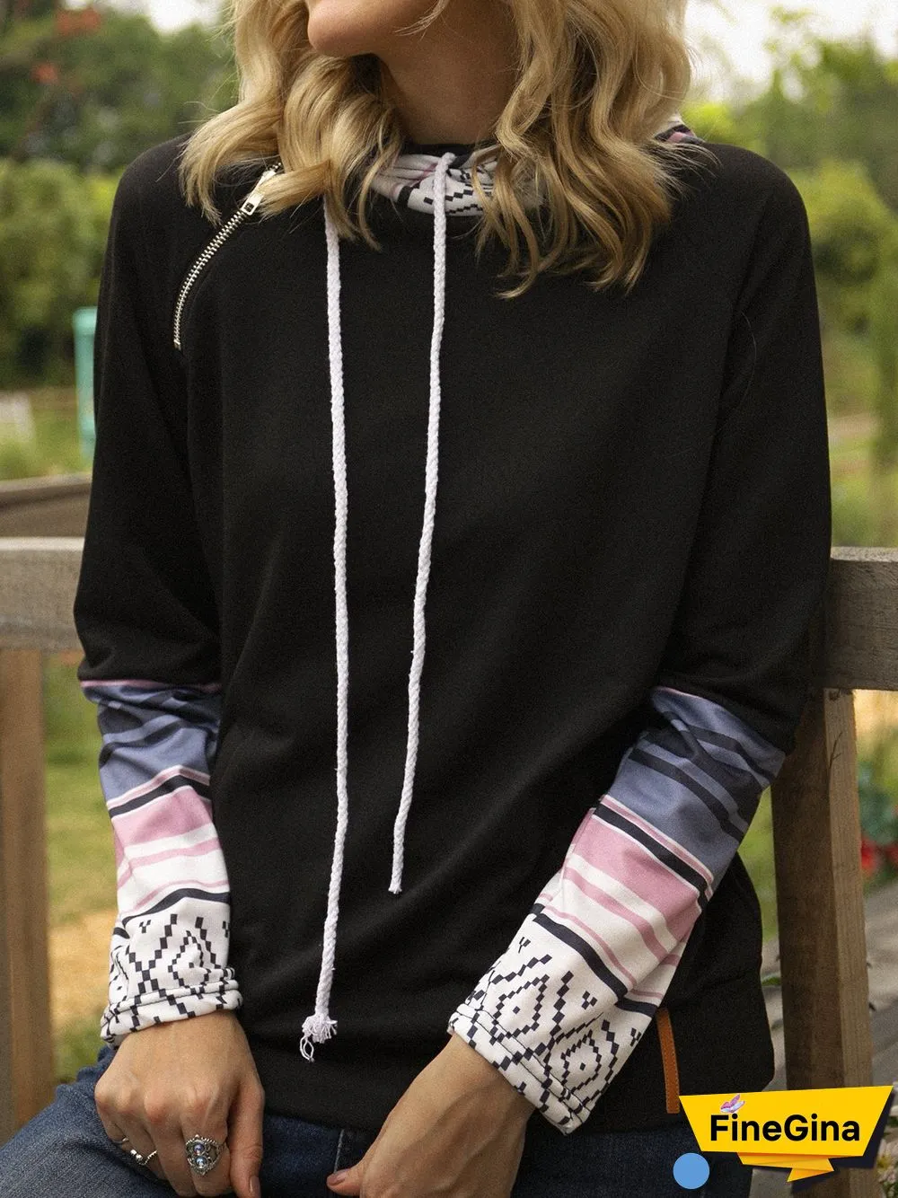 Black Long Sleeve Floral-Print Boho Sweatshirts