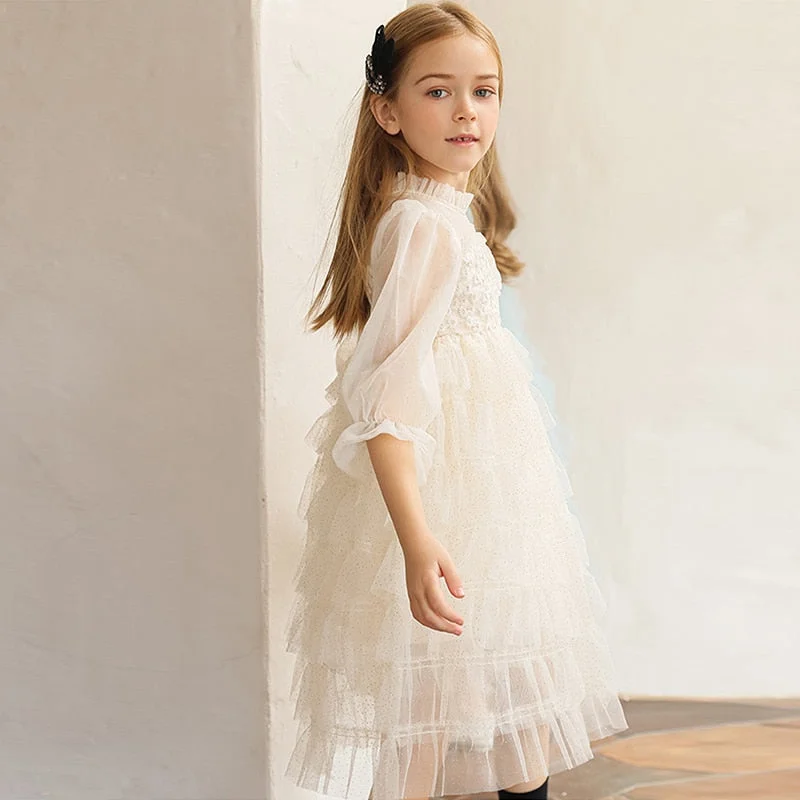 Autumn Princess Girl Dress Flower Long Sleeve Birthday Party Wear Elegant Tulle Children Kids Dresses for Girls Casual Clothes