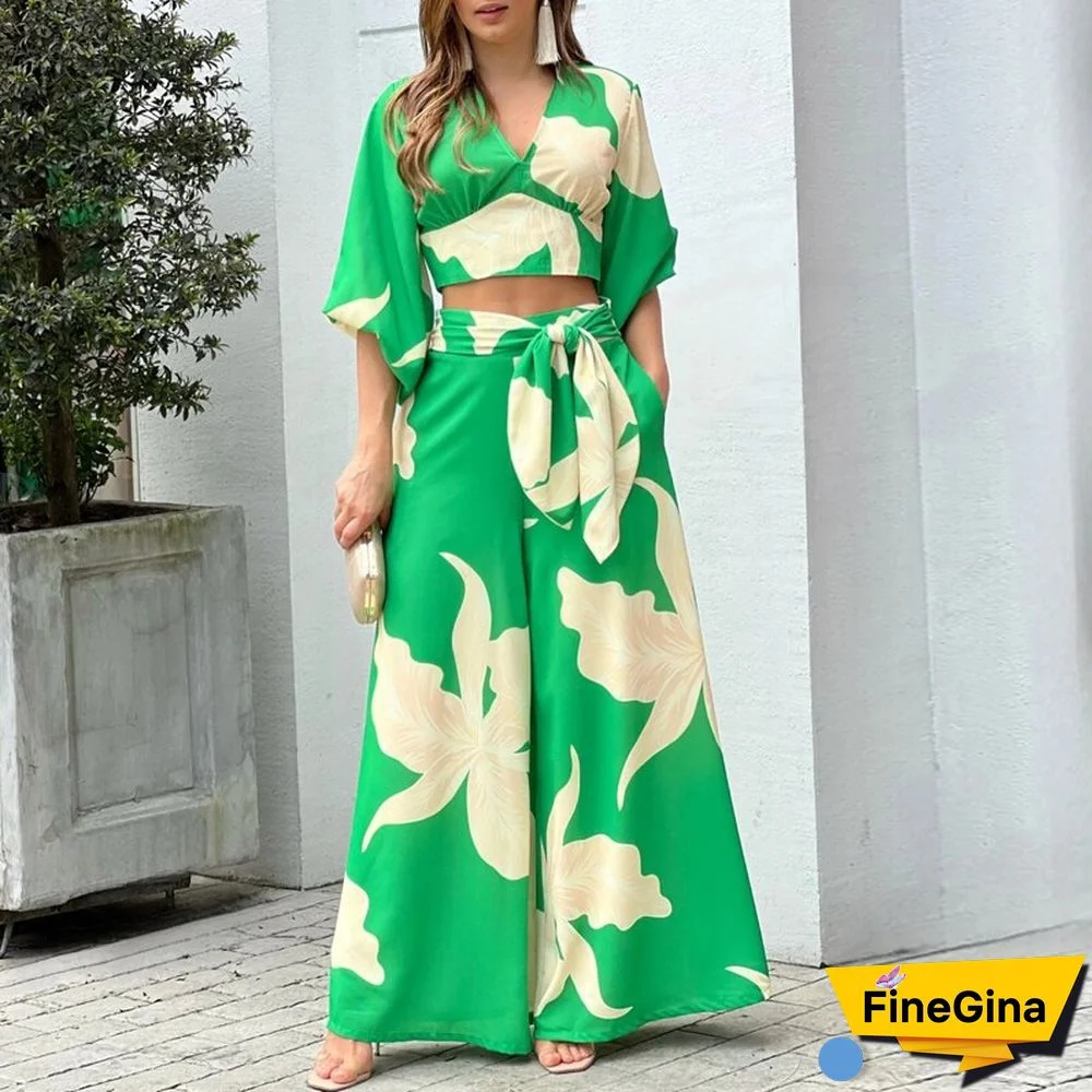 Women Spring Autumn Two-piece Sets Sexy V Neck Hollow Crop Top Pullover & Belted Wide Leg Pants Suit Elegant Lady Office Outfits