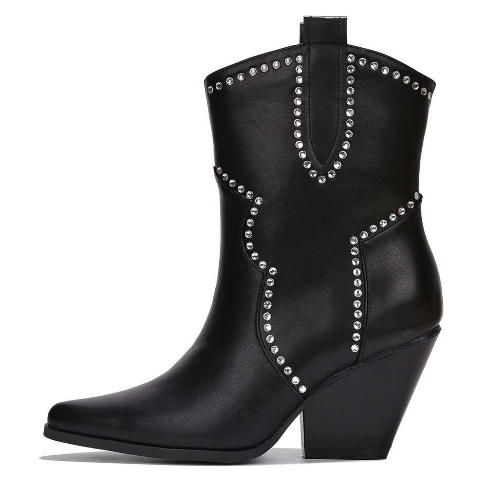 Black Closed Toe Chunky Heel Western Ankle Boots Nicepairs