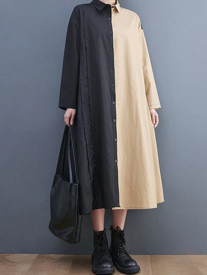 Fashion Two Tone Patchwork Shirt Cotton Linen Dress