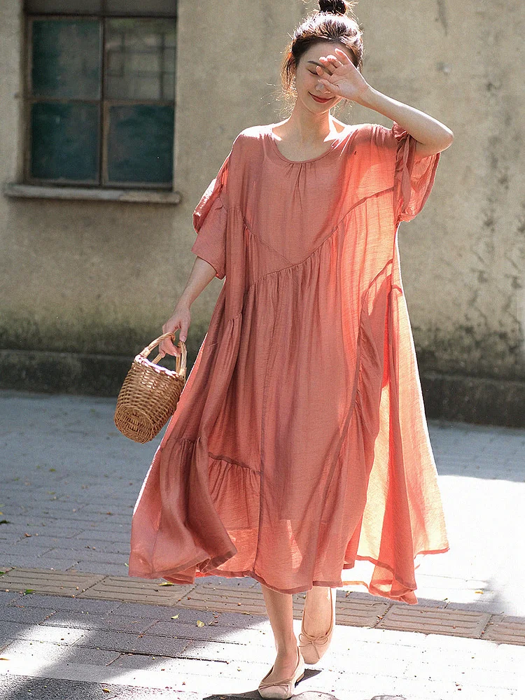 Women Summer Artsy Spliced Solid Large-Hemline Dress