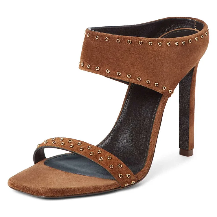 Brown Vegan Suede Open Toe Stiletto Heel Mules Shoes |FSJ Shoes