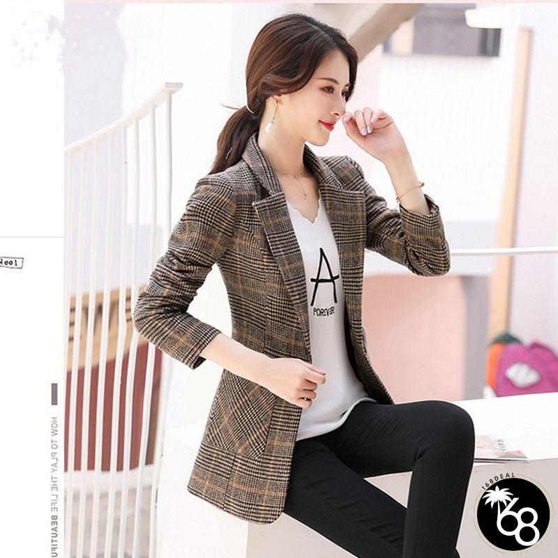 Women's Cotton Notched Collar Full Sleeves Vintage Plaid Blazers | 168DEAL