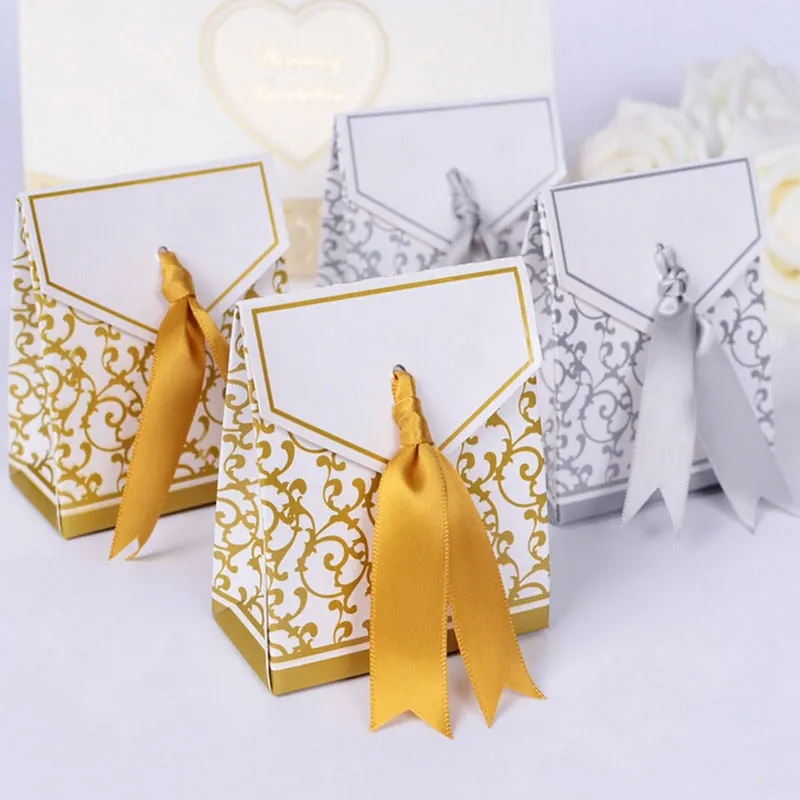 10Pcs/lot Gold Silver Candy Paper Box With Ribbon Gift Bags Wedding Favors Sugar Case Birthday Party Decor Mariage Casamento