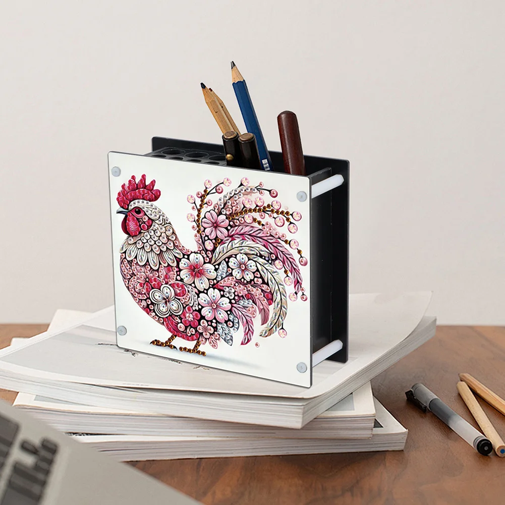 DIY Rooster Special Shaped Diamond Painting Acrylic Pencil Holder Organizer