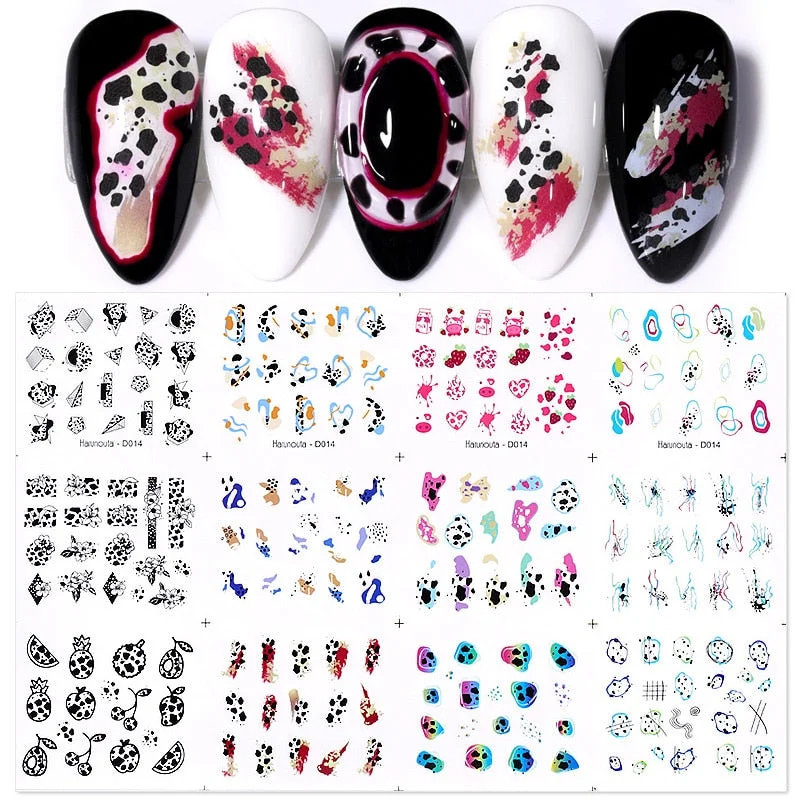 12pcs Plaid Cow Water Decals Flower Sliders Nail Stickers for Nails Inscriptions Nail Art Decoration French Style Water Sticker-Nail Inspo