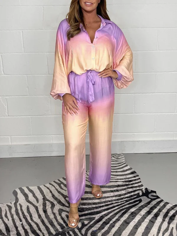 Pink Dip Dye Silky Trouser +Top Shirt