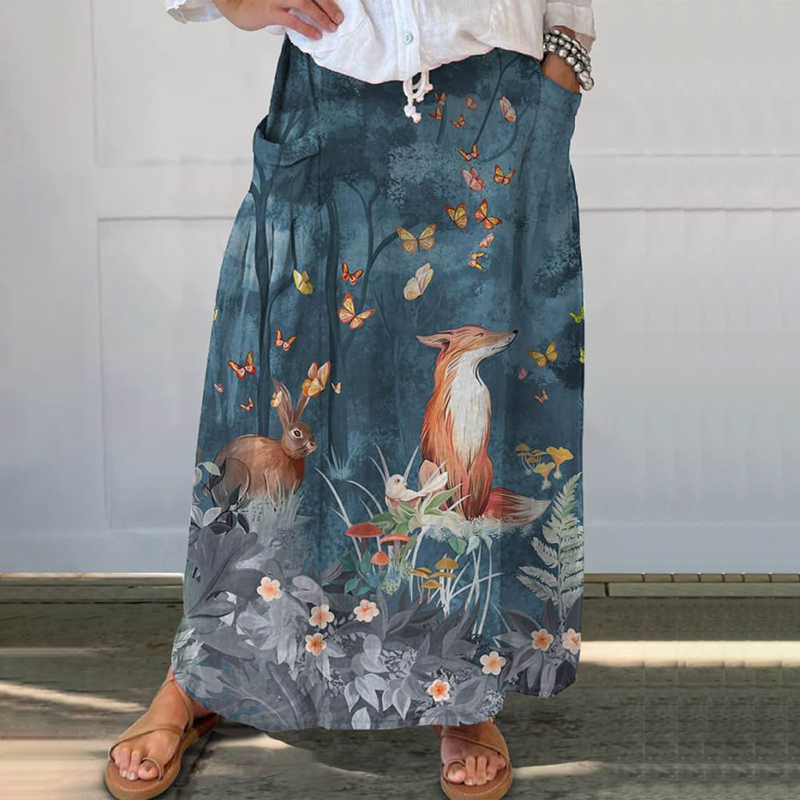 Comstylish Women's Vintage Floral Animals Art Print Casual Linen Pocket Skirt