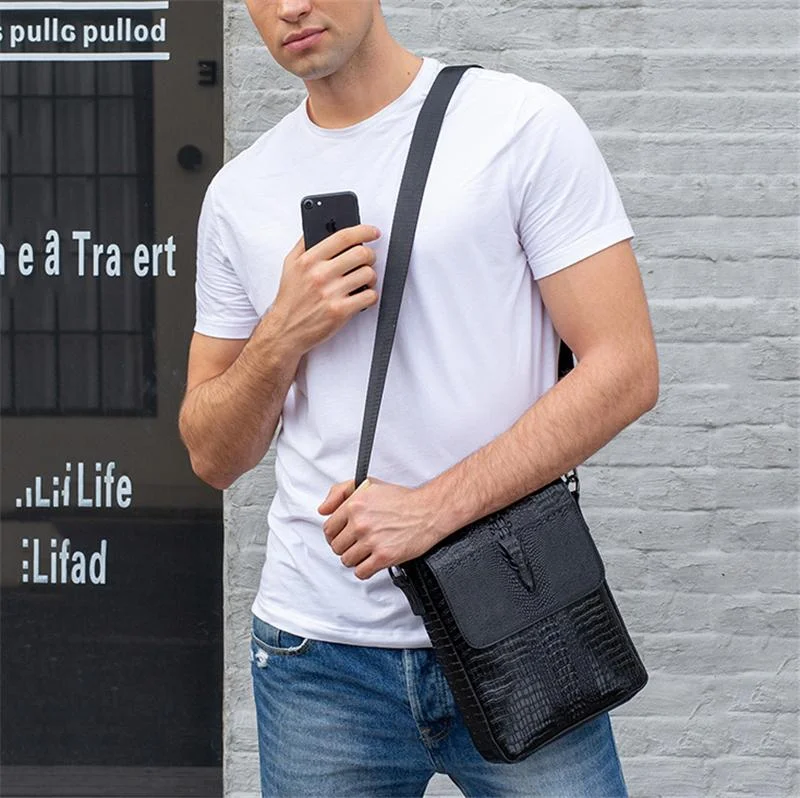 Foldover Top Detachable Sling Strap Crocodile Textured Genuine Leather Messenger Bag