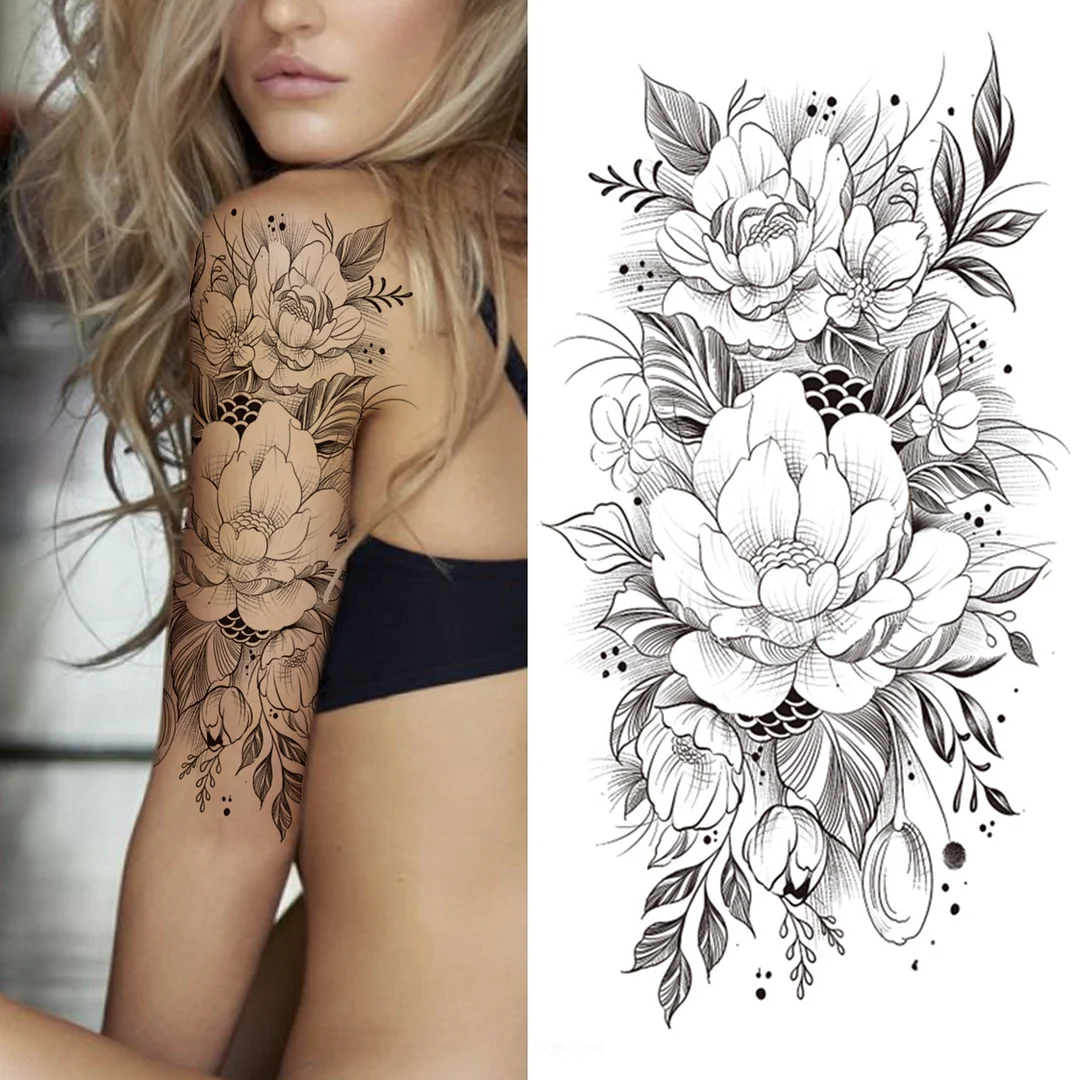 Realistic Fake Peony Temporary Tattoos For Women Girl Black Rose Elephant Flower Tattoo Sticker Tiger Anemone Tatoos Half Sleeve 530-1