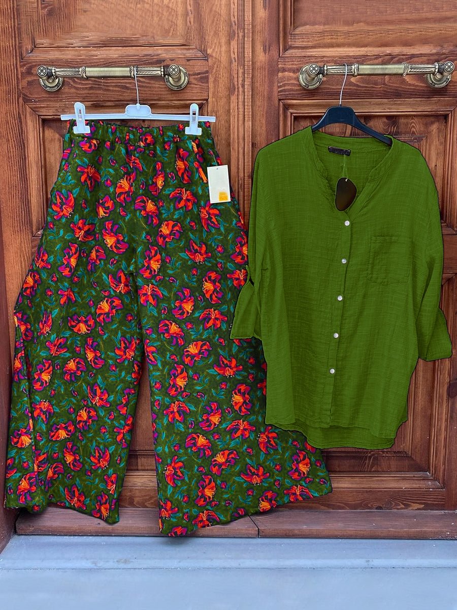 Casual Button-up V Neck Top And Printed Pants Set