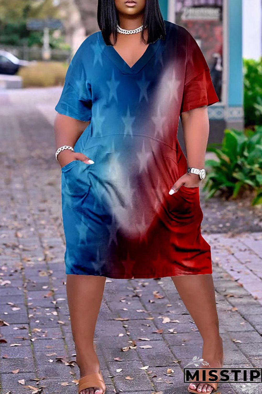 Blue Red Fashion Casual Print Tie-dye V Neck Short Sleeve Dress