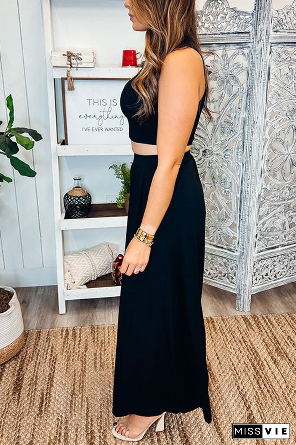 Hollow Out Solid Wide Leg Two Piece Sets