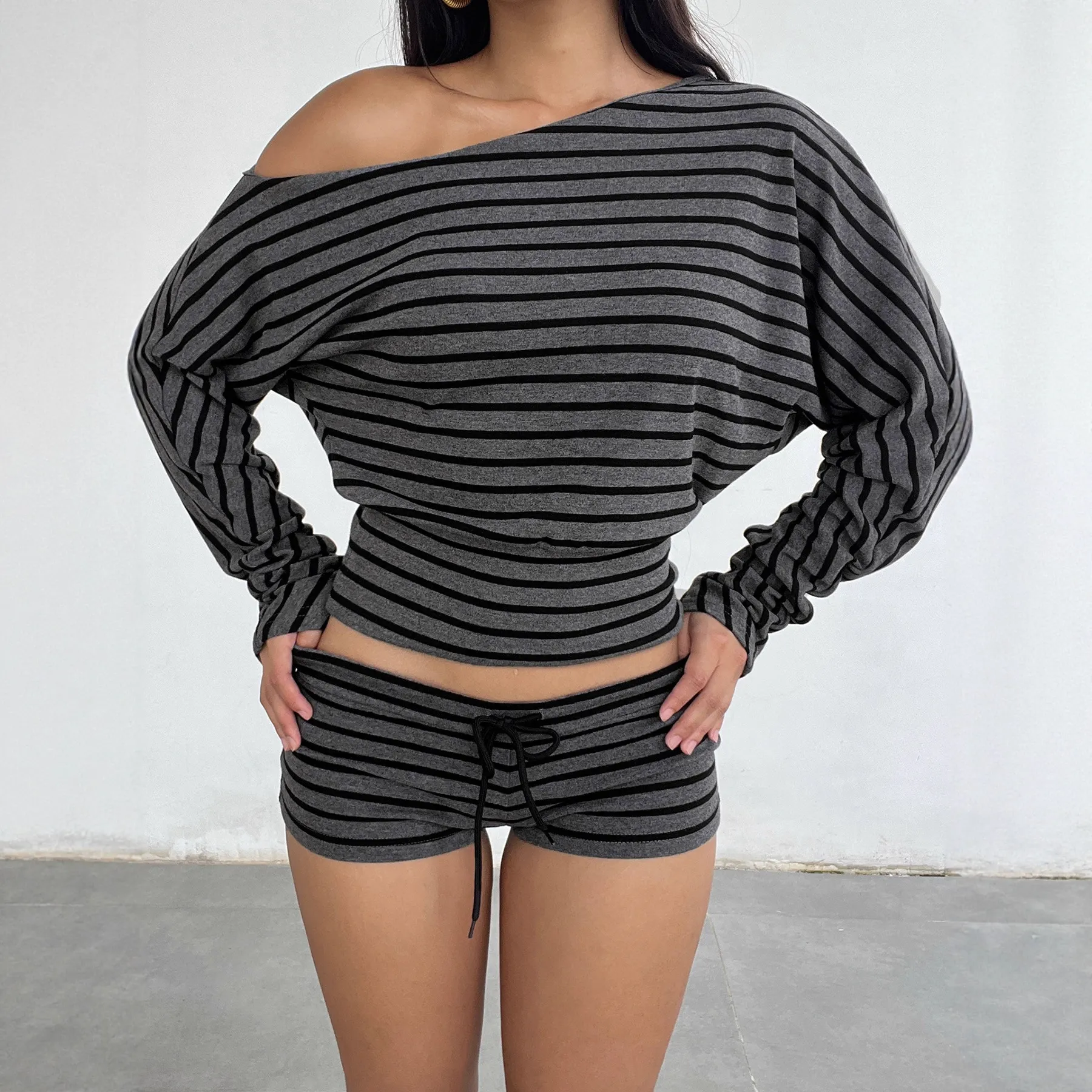 Women's Striped Off-Shoulder Loungewear Set