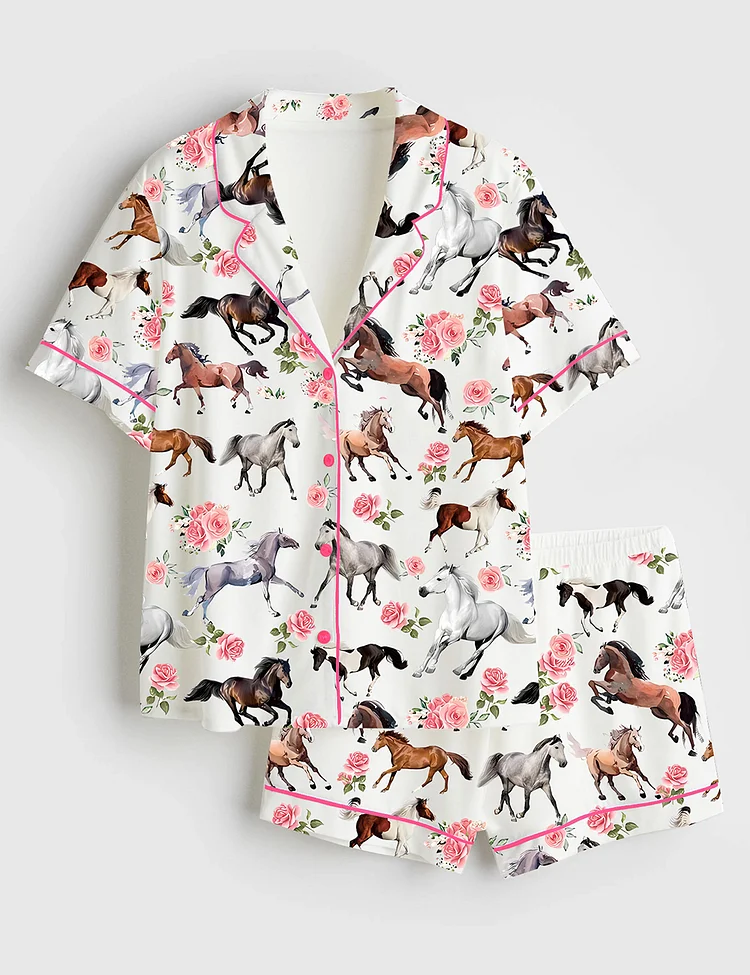 Women&rsquo;s Western Kentucky Derby 151st Run For The Roses Horse Racing Lover Print Short Sleeve Satin Pajama Set