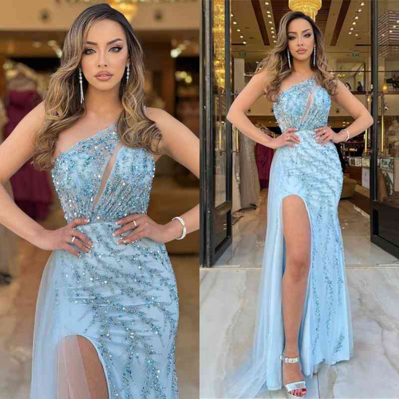 Daisda Baby Blue One-Shoulder Mermaid Prom Dress With Split Sequins