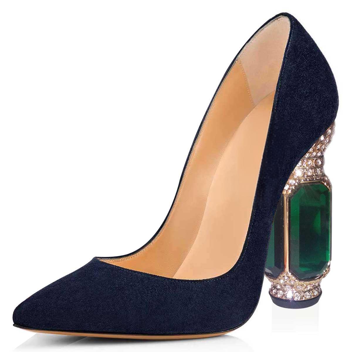 GOOSHOE Navy Rhinestone Chunky Heel Pumps Suede Office Heels