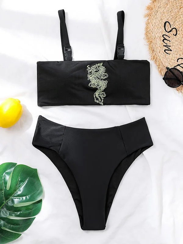Dragon Embroidery High-Waisted Bikini Swimwear