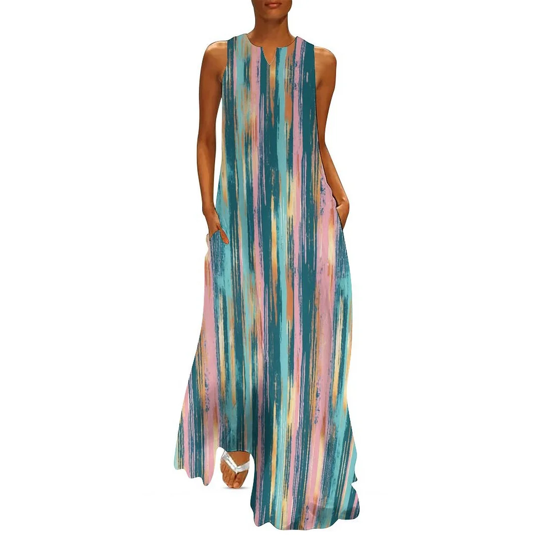 Style & Comfort for Mature Women Plus Size Printed Sleeveless Casual Women Maxi Dress with Pockets in Pattern Striped, Green, Pink