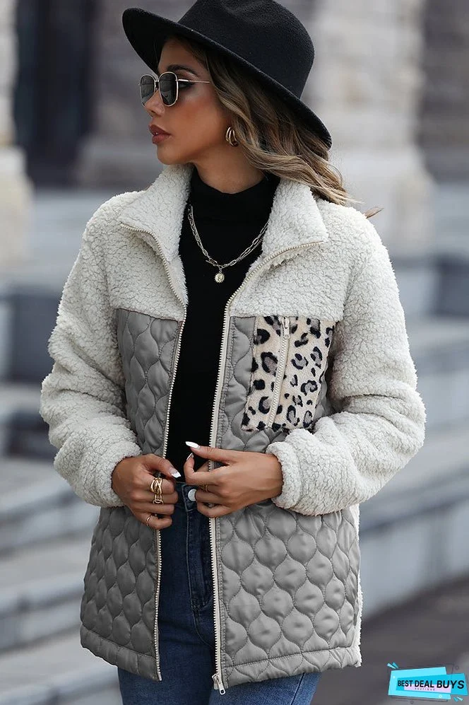 Color Block Leopard Patchwork Zipper Fleece Coat