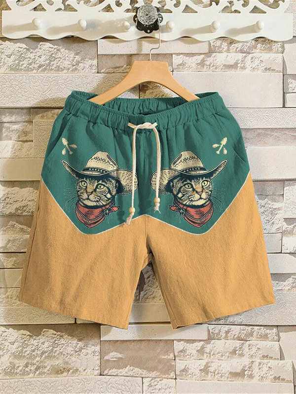 Men's Western Cowcat Art Print Linen Blend Shorts