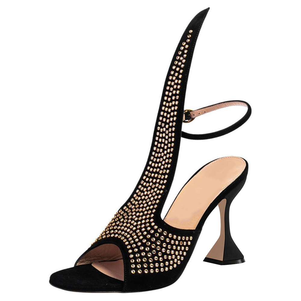 Black Open Toe 4'' Flared Heel Rhinestone Ankle Strap Sandals Nicepairs