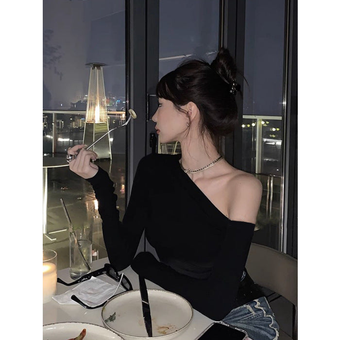 Aiertu trashy outfits Black off-the-Shoulder Long Sleeve T-shirt Women's Autumn Niche Tight Short Bottoming aiertu