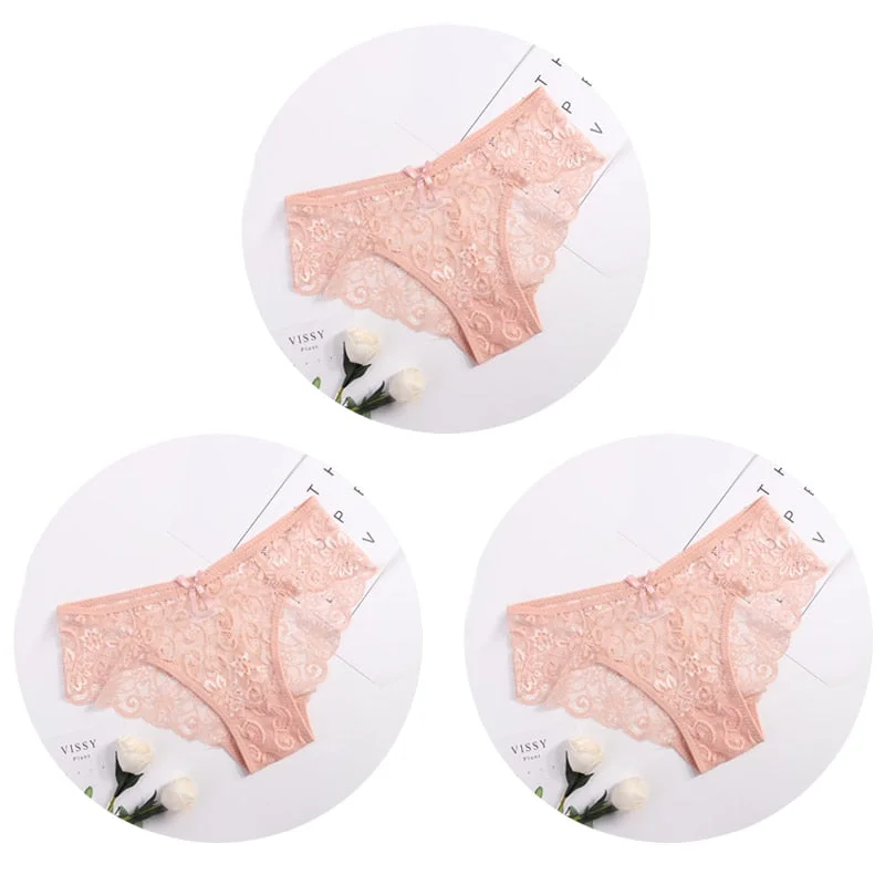 3pcs/Pack! Sexy Women Lace Panties Underwear Lace  Briefs S M L XL Transparent  Floral Bow Soft Lingerie