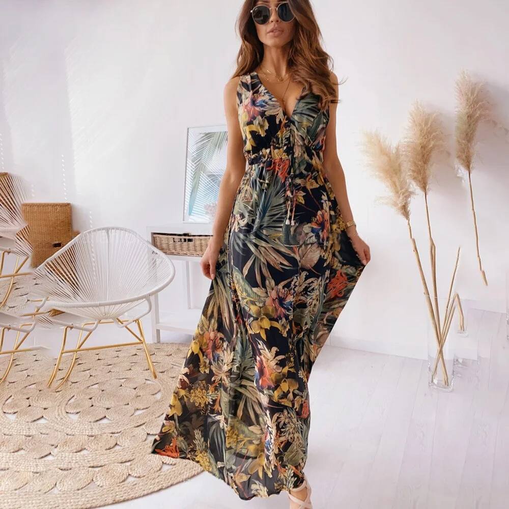 Summer Long Maxi Dress Women 2021 Sexy Sleeveless Print Boho Dress Deep V Neck Vintage Backless Dresses For Women Robe Femme