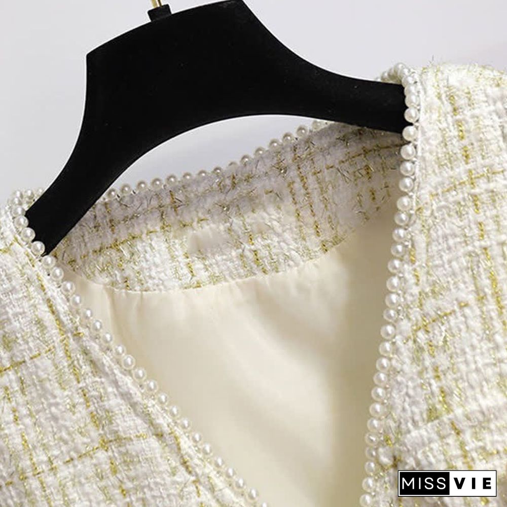 Chic Plaid Print Pearl Vest Lace Up Long Sleeve Pleated Shirt Dress