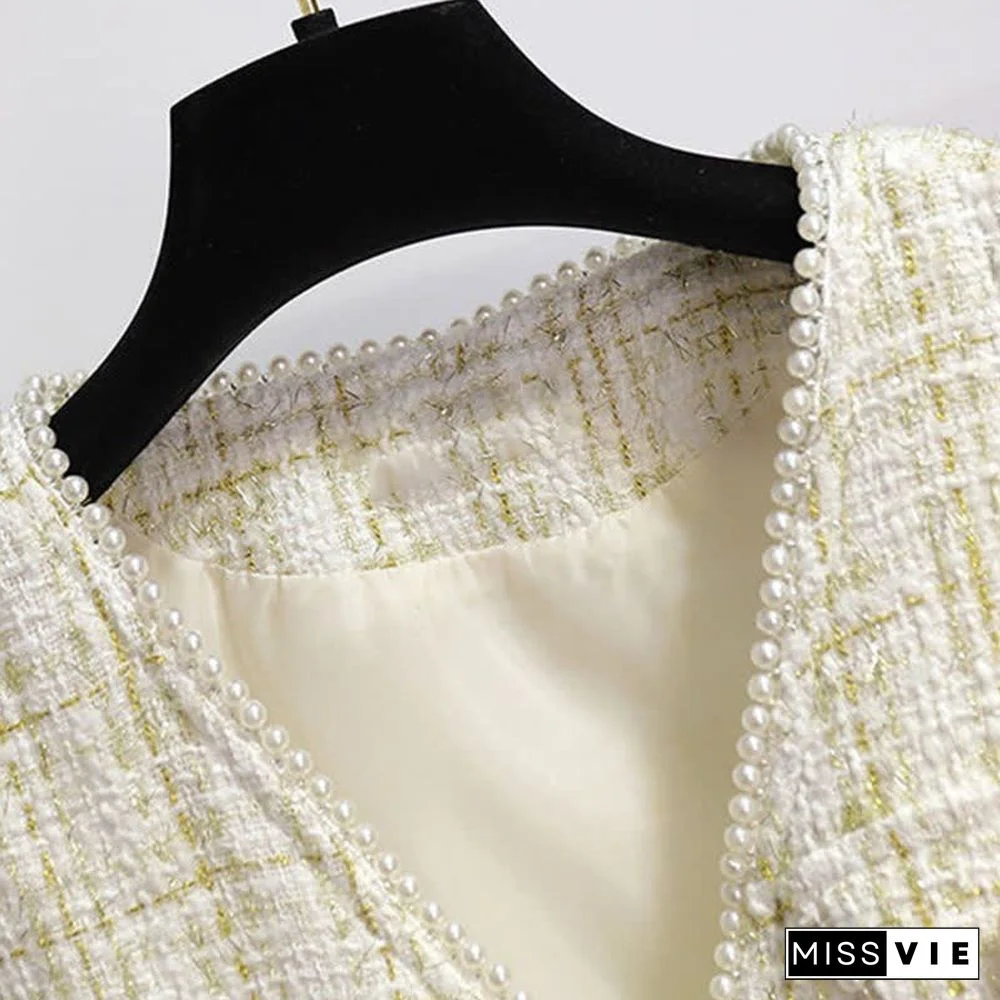 Chic Plaid Print Pearl Vest Lace Up Long Sleeve Pleated Shirt Dress