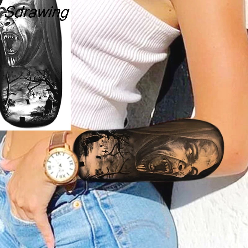 Sdrawing Warrior Punk Skeleton Gangster Rose Flower Temporary Tattoos For Women Men Lion Tiger Skull Rose Fake Tattoo Sexy Arm