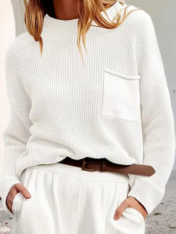 Solid Color Pockets Loose Long Sleeves Round-Neck Sweater Tops Pullovers Knitwear