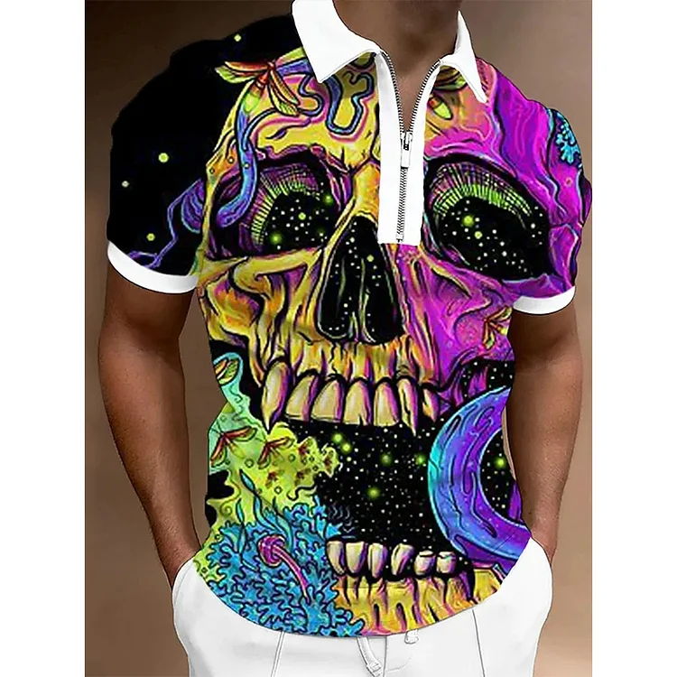 Art Painting Skull Pattern Zipper Short Sleeve Men's Polo Shirts at Hiphopee