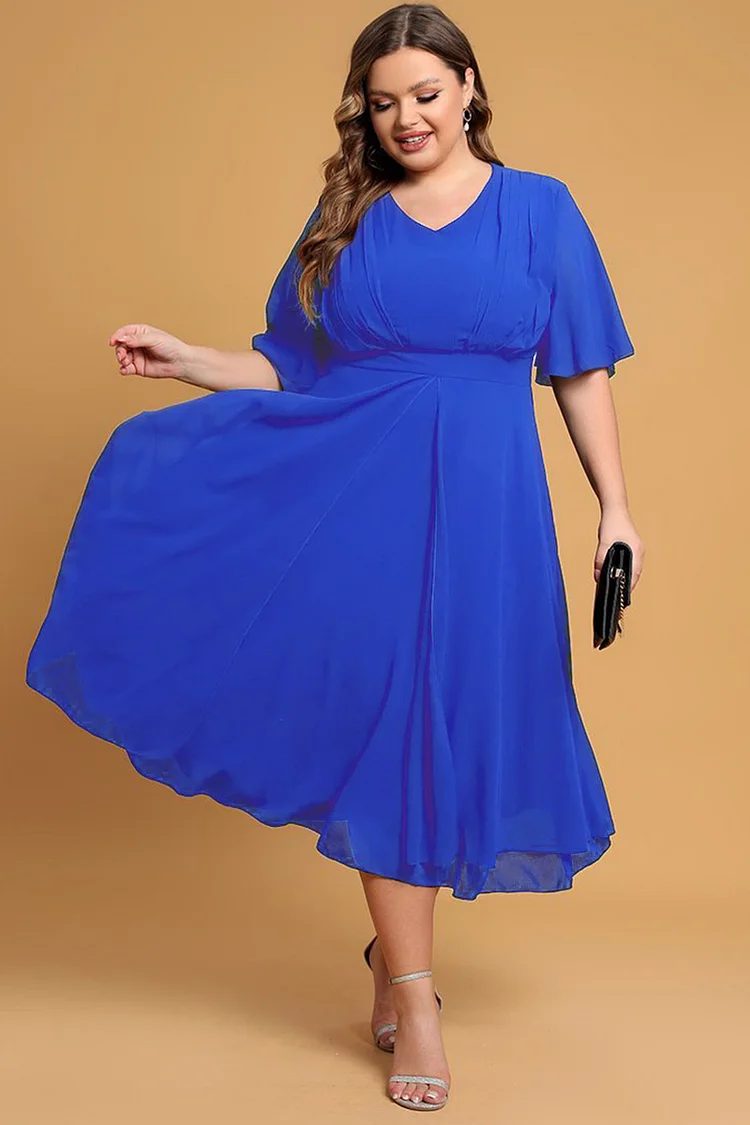 Flycurvy Plus Size Mother Of The Bride Royal Blue V Neck Layered Hem Tunic Tea-Length Dress
