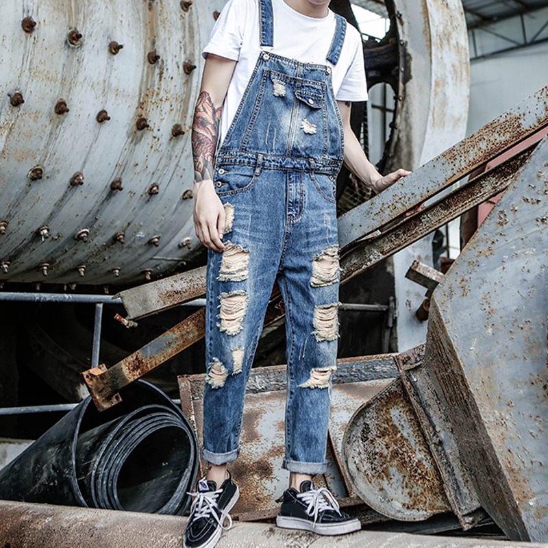 Vintage Denim Slim Fit Ripped Overalls