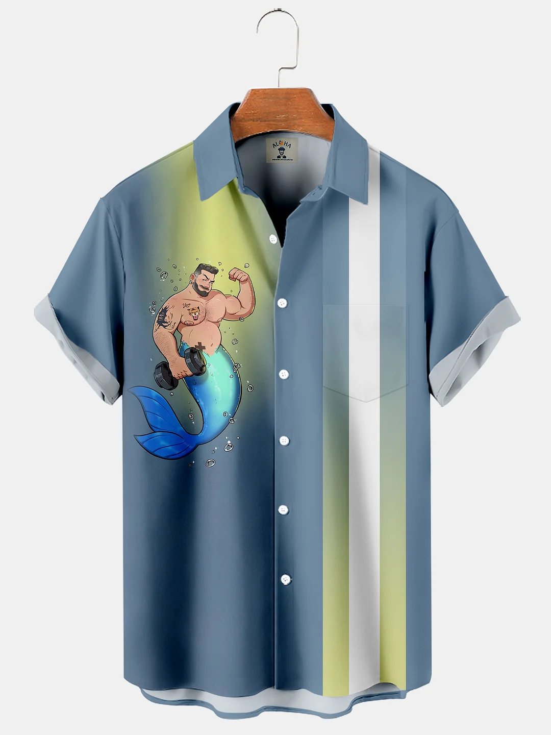 Men's Casual Hawaiian Mermaid Gradient Print Short Sleeve Shirt