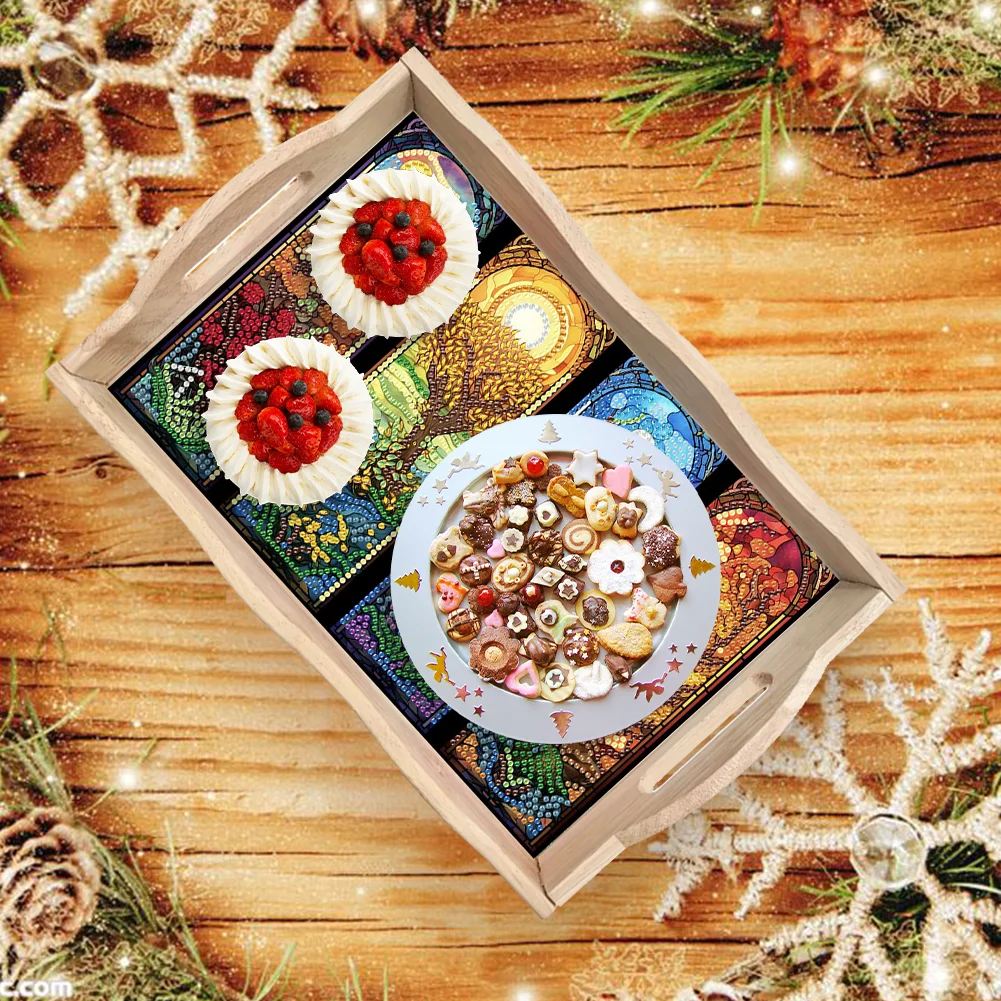 5D DIY Wooden Four Season Tree Diamond Painting Tray Art Craft for Desk Coffee Table Serving Tray Diamond Art Dining Plate