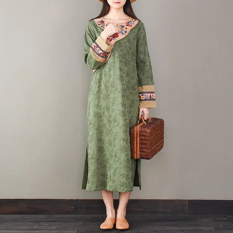 Classy side open cotton patchwork Tunics linen green jacquard Dress