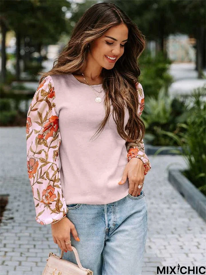 Printed Puff Sleeves Crewneck Casual Sweater