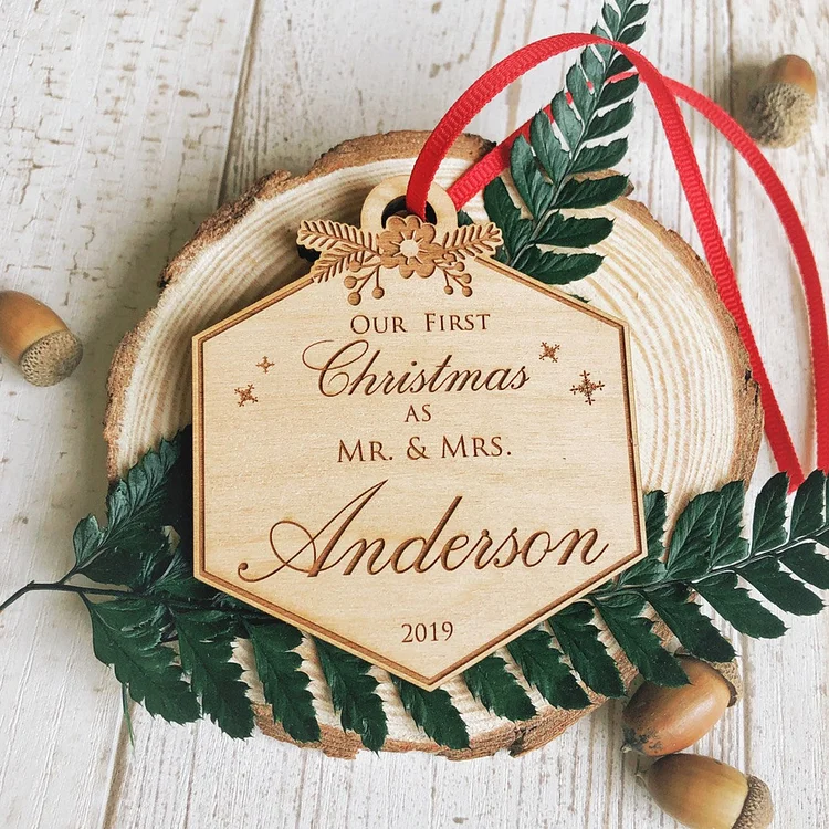 Our First Christmas Ornament Custom Name Hexagon Wooden Ornament