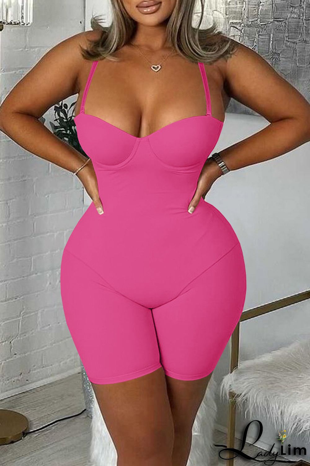 Pink Sexy Casual Solid Backless Spaghetti Strap Skinny Romper