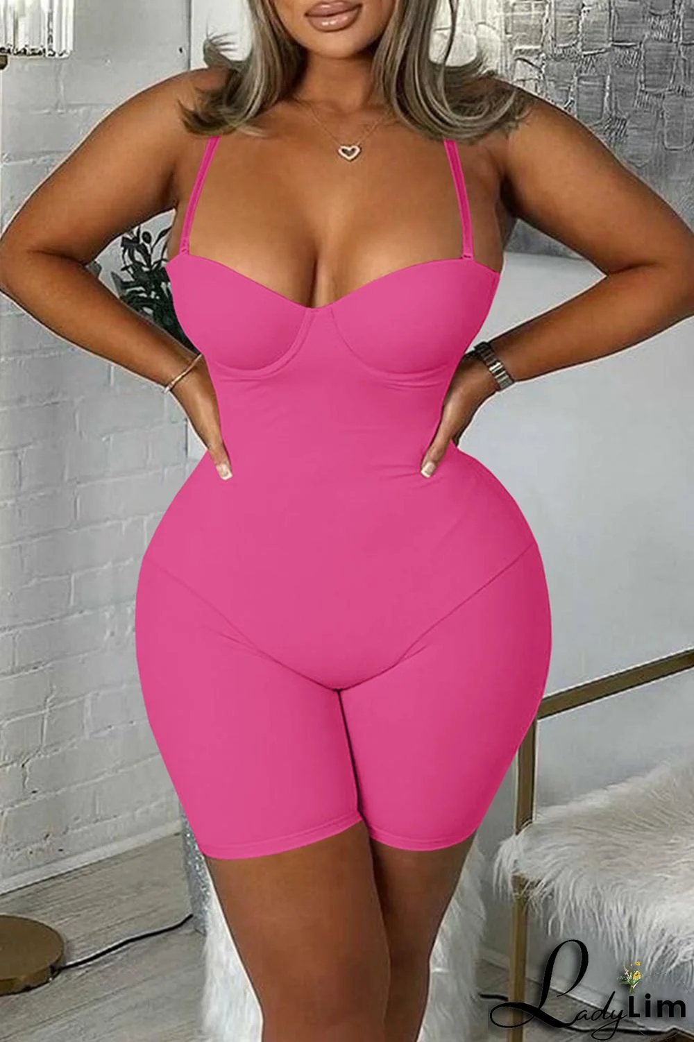 Pink Sexy Casual Solid Backless Spaghetti Strap Skinny Romper