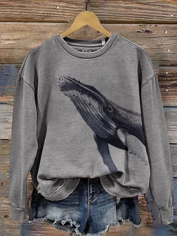 Women's Casual 3D Whale Graphic Print Long Sleeve Sweatshirt