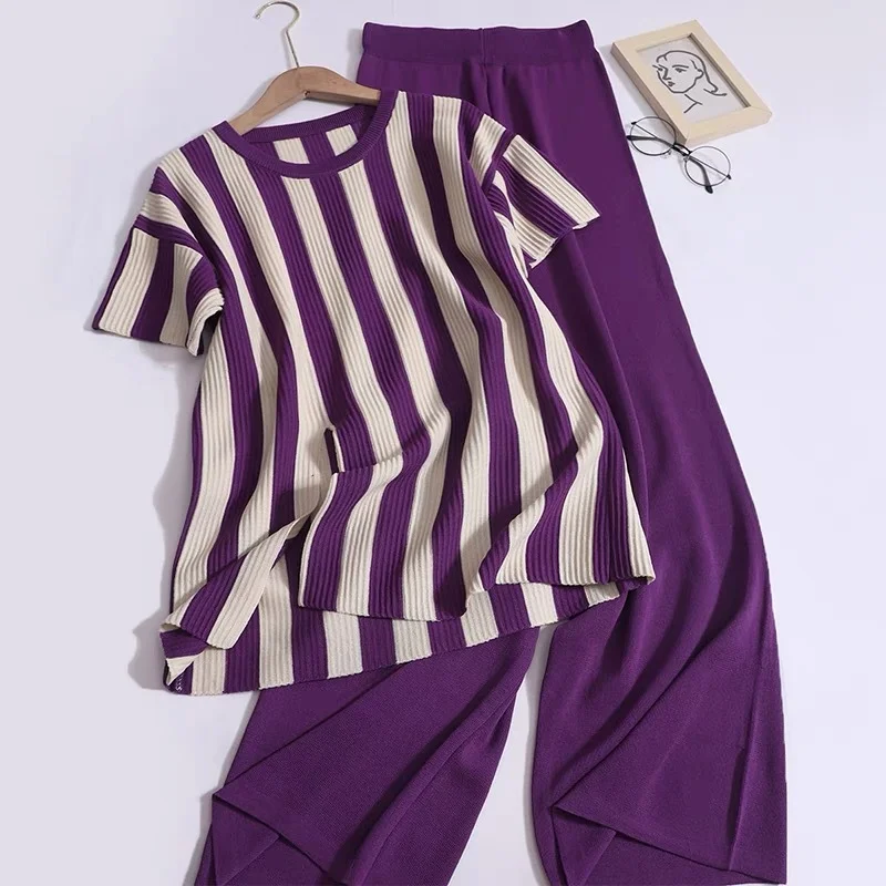 Uveng Uveng Temperament Famous Knitted Fashion Suit Round Collar Vertical Fork Short Sleeve Top + High-Waisted Solid Trousers Woman