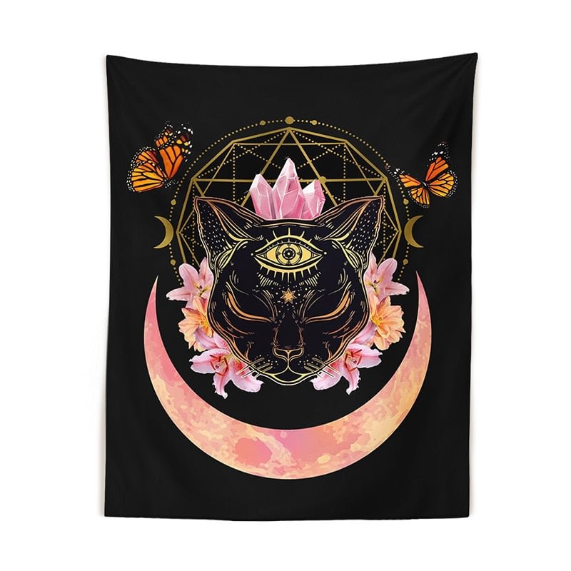 Cat Witch Tapestry Wall Hanging moon star Tarot Butterfly Psychedelic black Trippy Tapestry Psychedelic Wall Prints Wall Decor