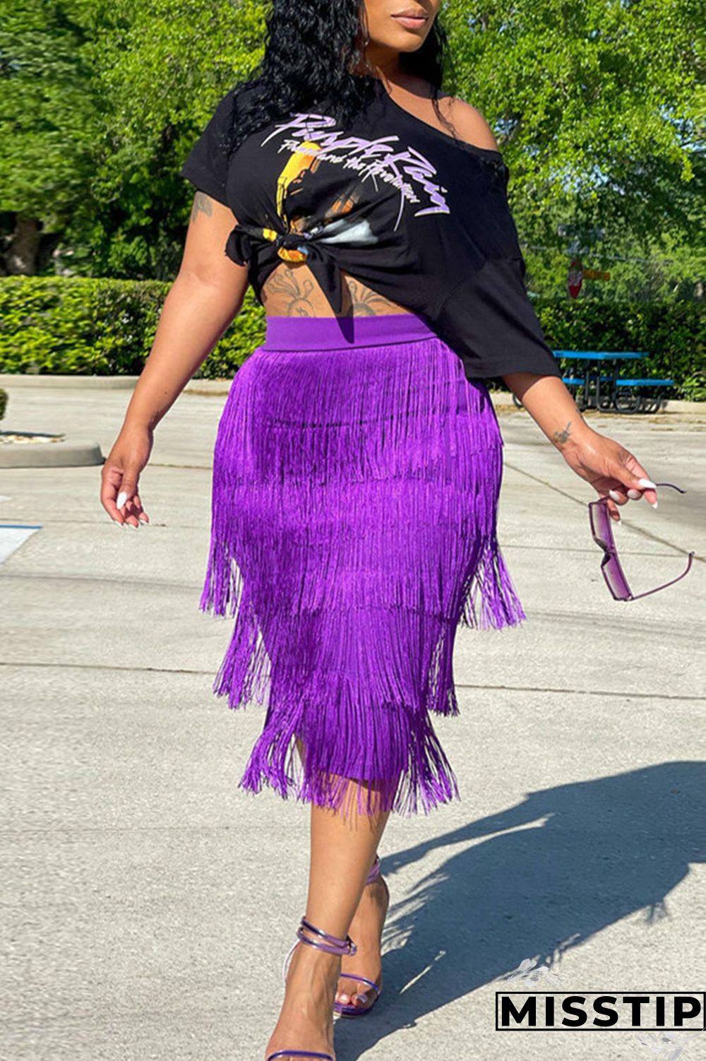 Black Casual Print Tassel Patchwork O Neck Short Sleeve Two Pieces